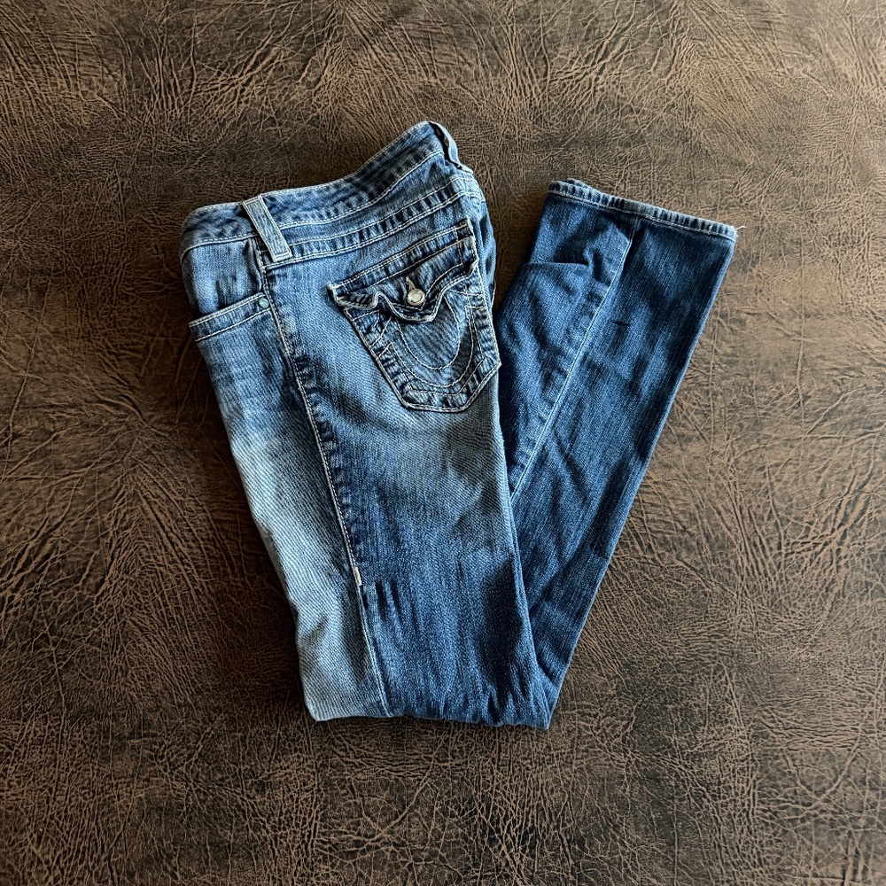 True Religion Women's Straight Jeans Rhinestone Buttons/Pocket Studs Size 28